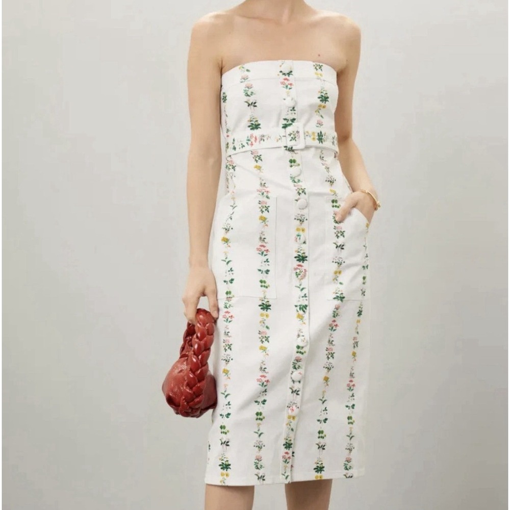 Adam Lippes White Floral Strapless Denim Dress 6 Designer Twill Pencil No Belt